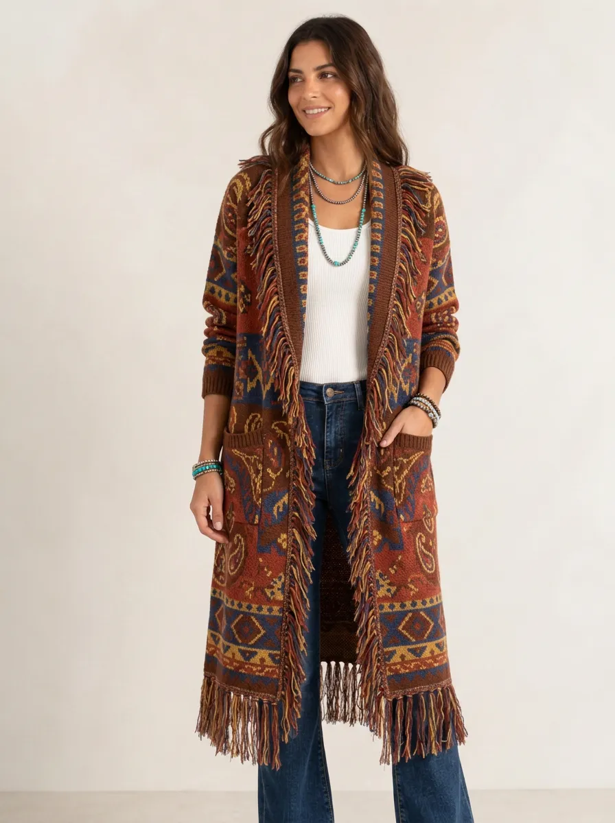 Women's Boho Western Tribal Pattern Fringed Printed Cardigan