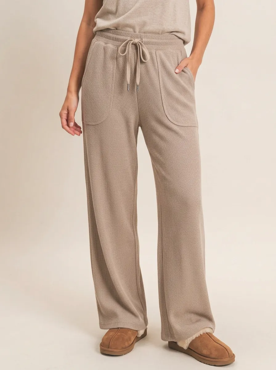 Women's Casual Lounge Waffle Knit Drawstring Wide Leg Pants