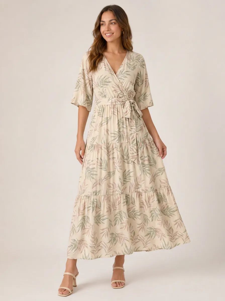 Women's Boho Style Tropical Leaf Printed Wrap Maxi Dress