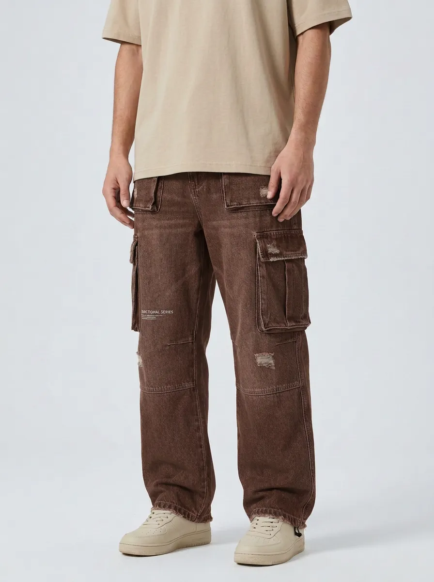 Men's Streetwear Distressed Denim Multi-Pocket Cargo Jeans