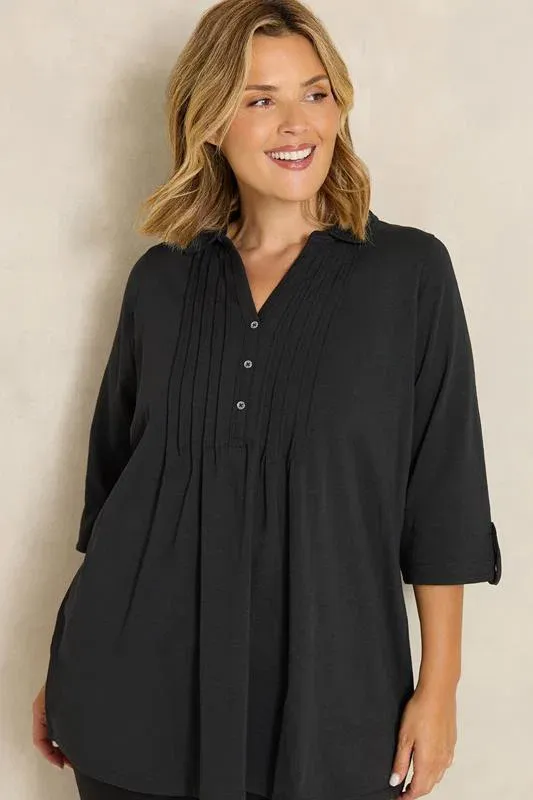 Black Pintuck Henley Top