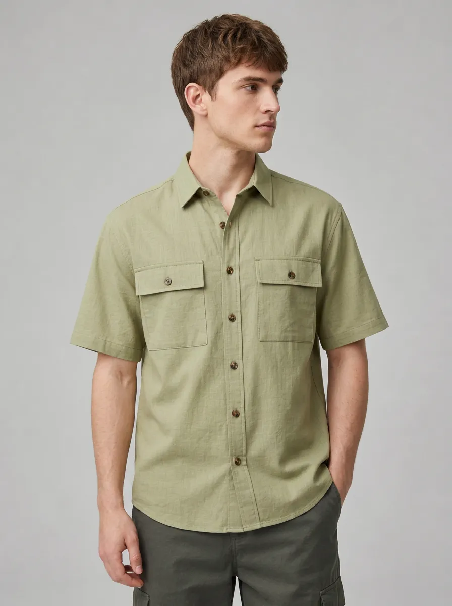 Men's Sage Green Utility Short-Sleeve Shirt - Design C