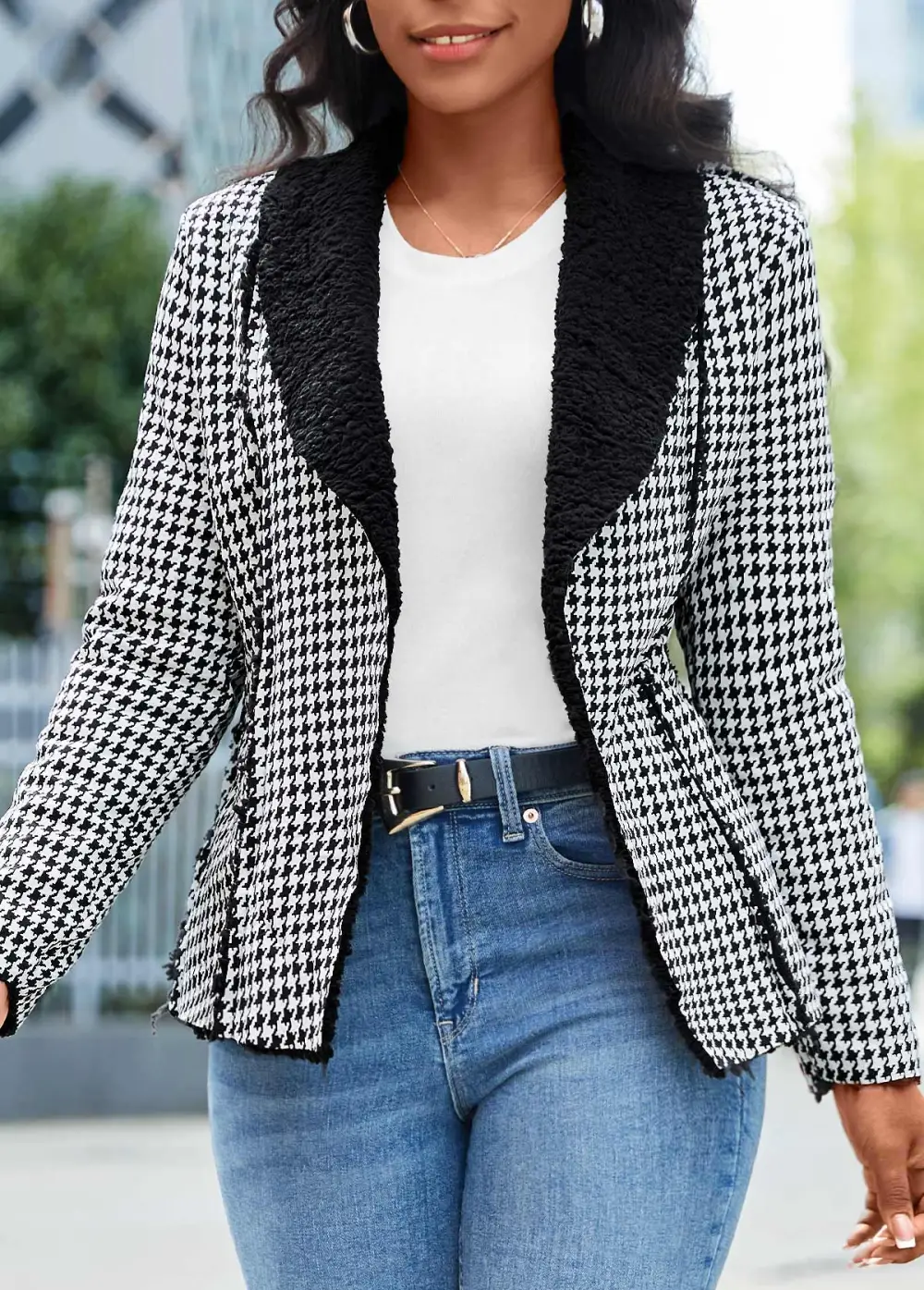 Black Patchwork Plaid Long Sleeve Lapel Coat