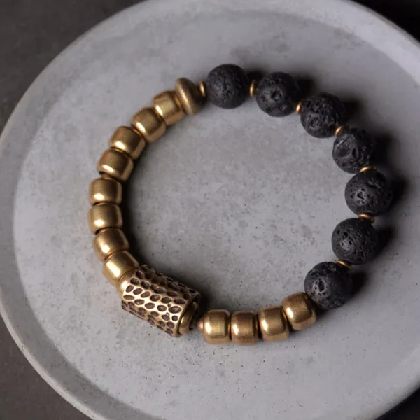 Lava Rock Stone Obsidian Brass Bracelet