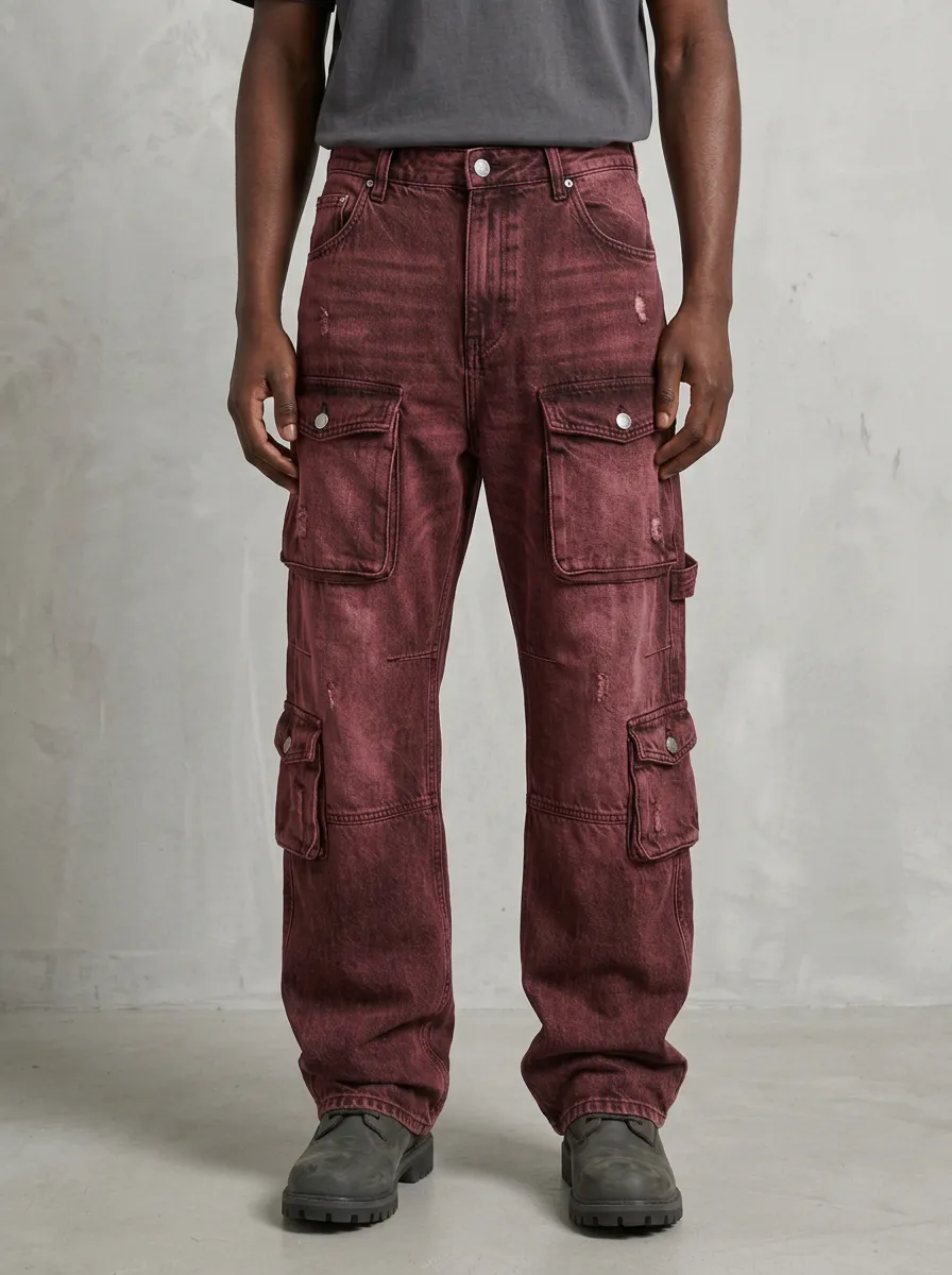 Men's Streetwear Washed Grey Distressed Multi-Pocket Cargo Pants