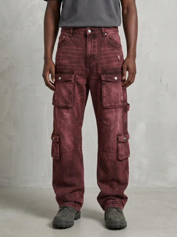 Men's Streetwear Washed Grey Distressed Multi-Pocket Cargo Pants