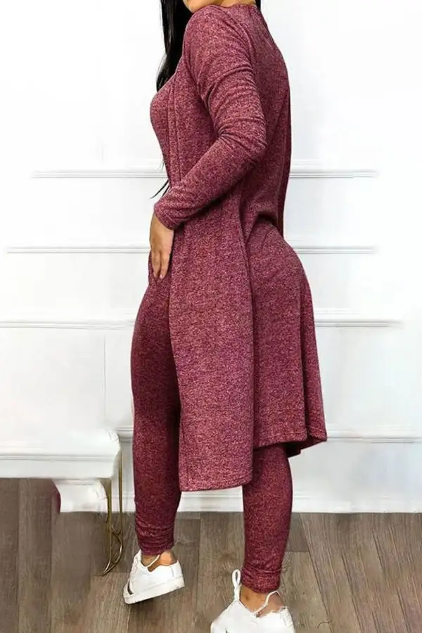 Wine Red Collarless Long Sleeve Pant Set