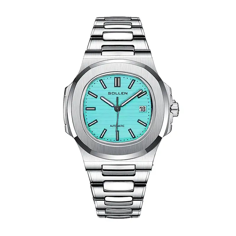 Sollen SL505 Automatic Watch - Men's Stainless Steel H-Link Bracelet Horizontal Grooved Dial Wristwatch
