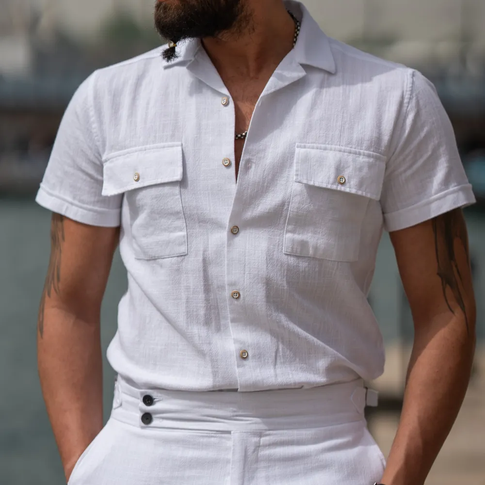 Classic Short Sleeve Open Collar Slim Fit Textured Casual Shirt