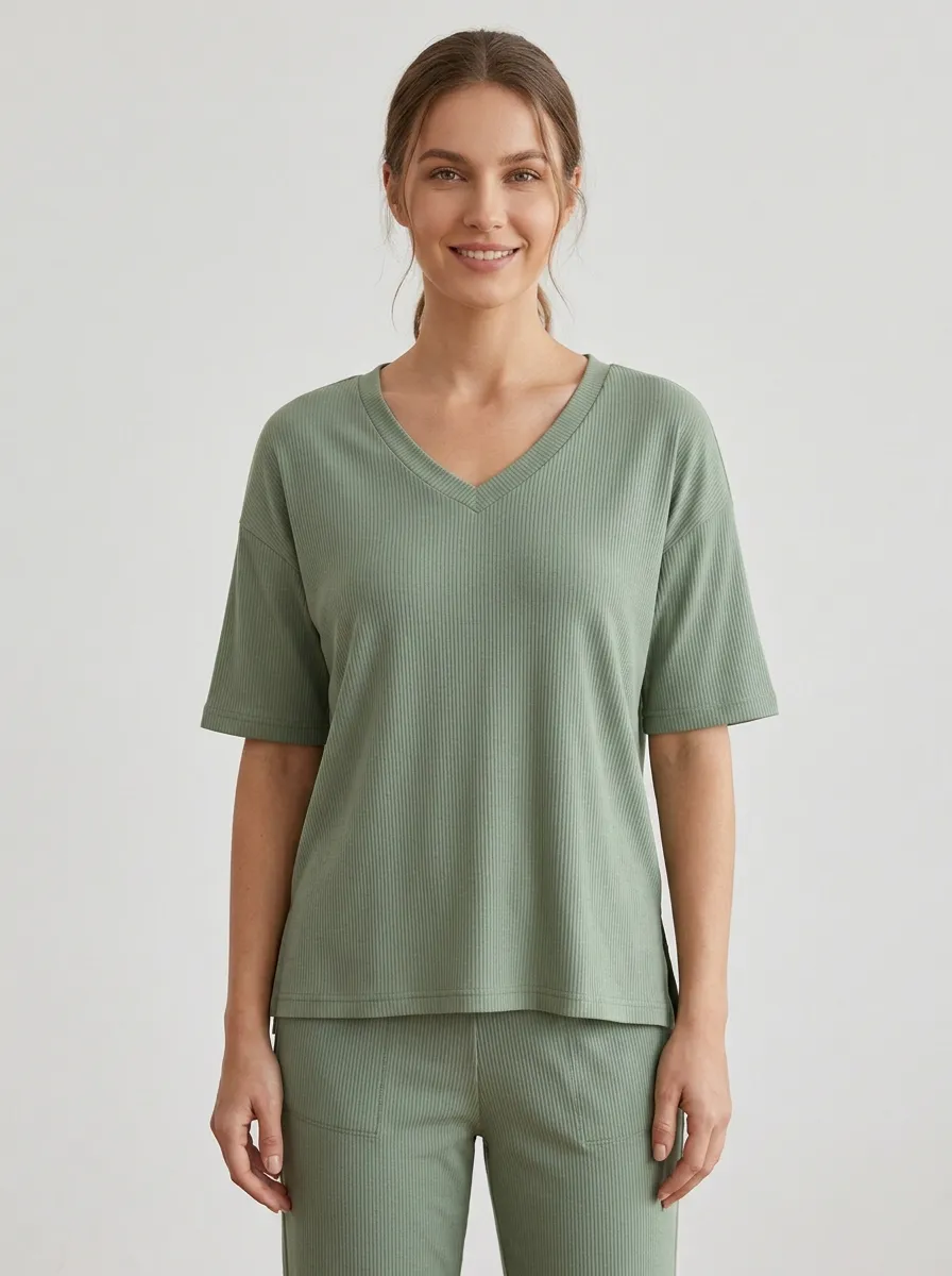 Ribbed Knit Women's V-Neck Shirt