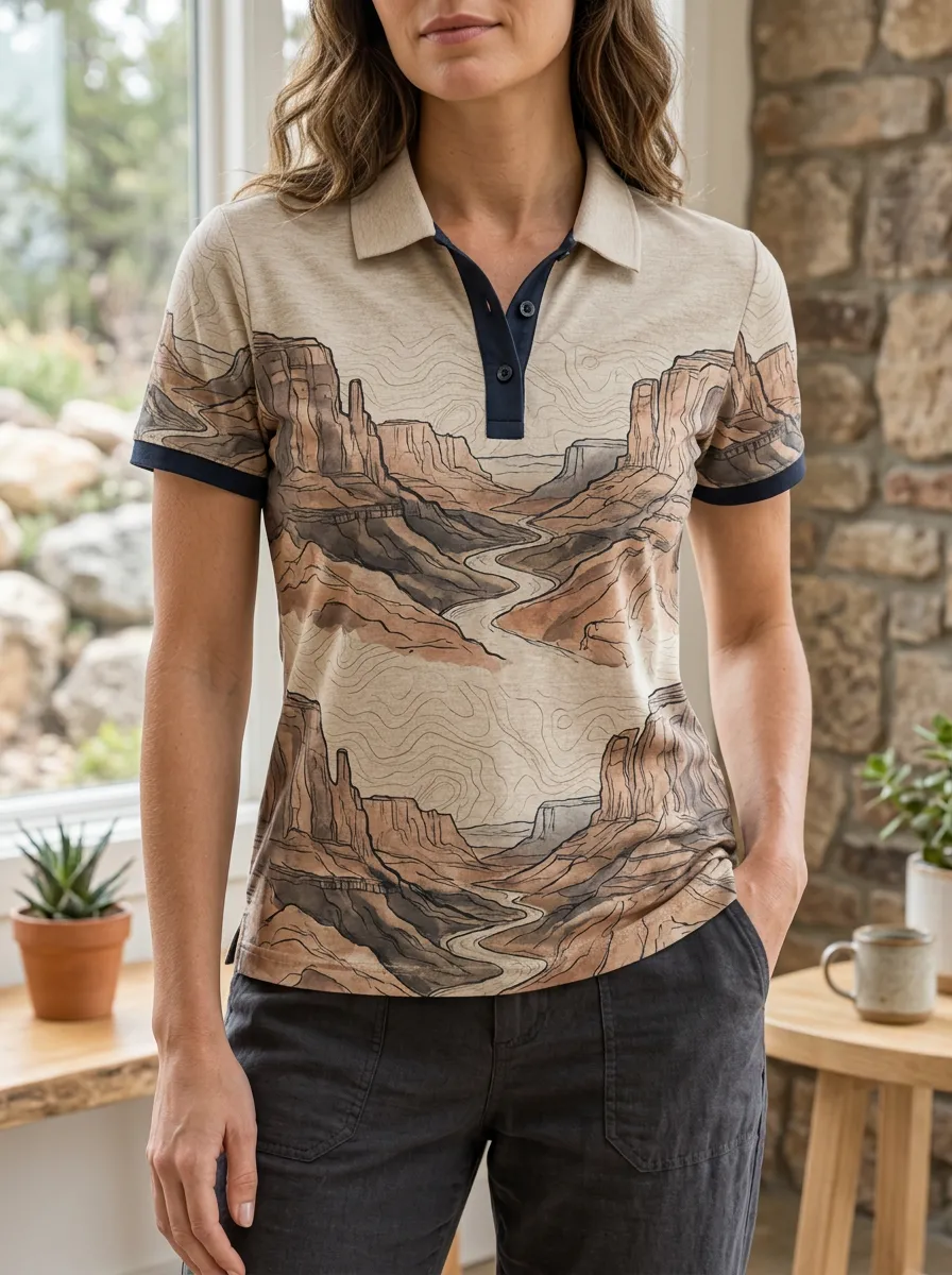 Women's Canyon Landscape Topographic Printed Polo Shirt