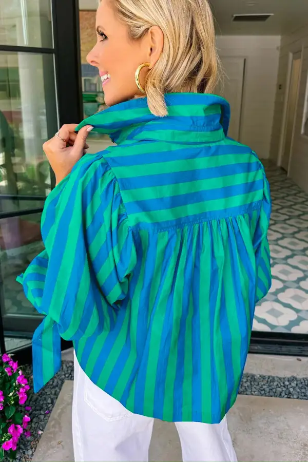 Striped Puff Sleeve Buttoned Blouse