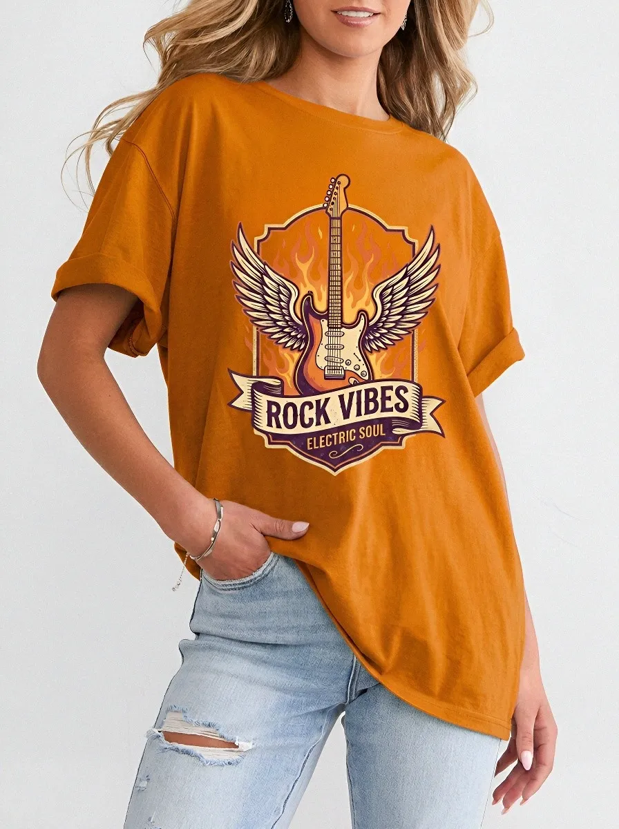 Unisex Rock Music Lover Winged Guitar Flame Printed T-shirt