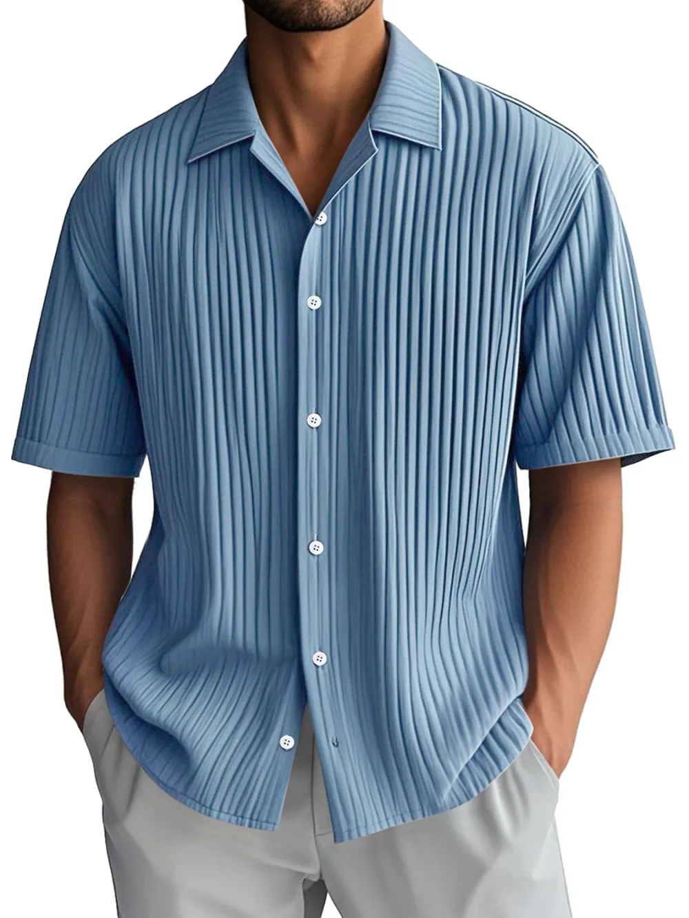 Ribbed Knit Camp Collar Shirt
