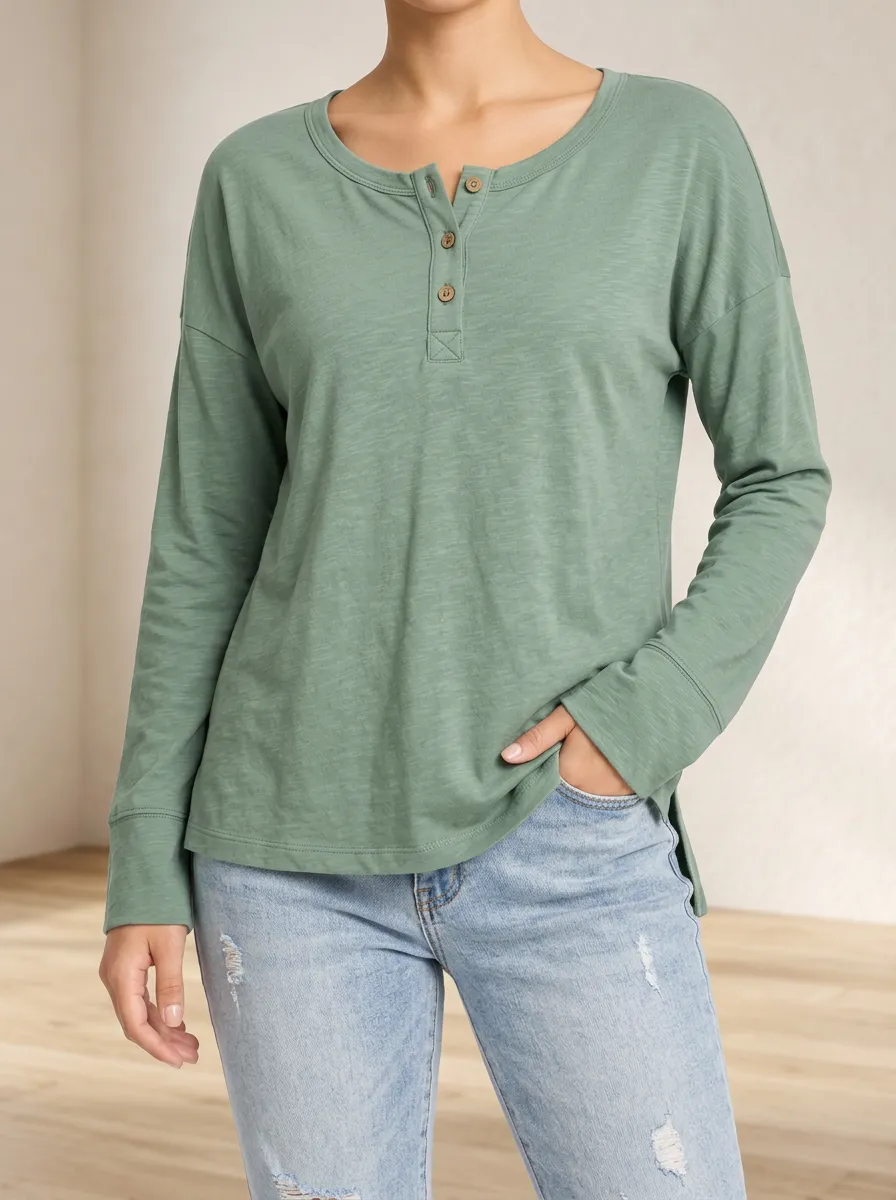 Women's Long Sleeve Tee with Henley Button Detail Detail