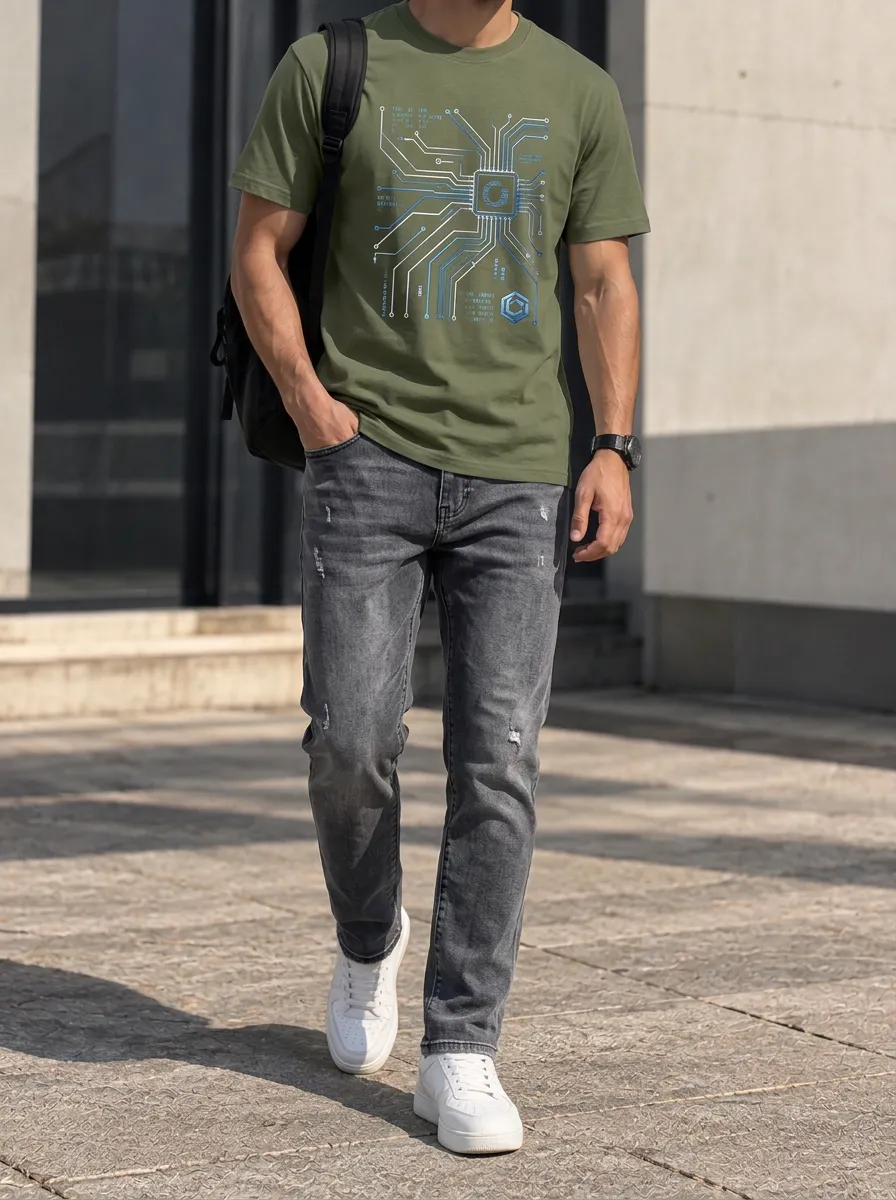 Men's Tech Geek Circuit Board Printed T-Shirt and Distressed Jeans Set