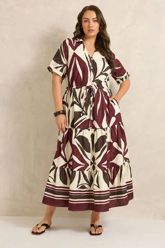 Cream & Red Abstract Leaf Print Cotton Dress