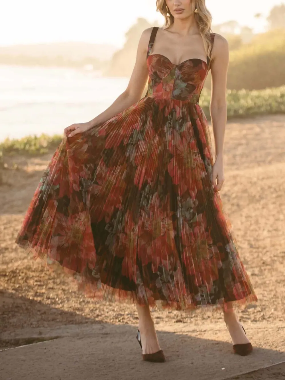 Elegant Floral Print Pleated Midi Dress