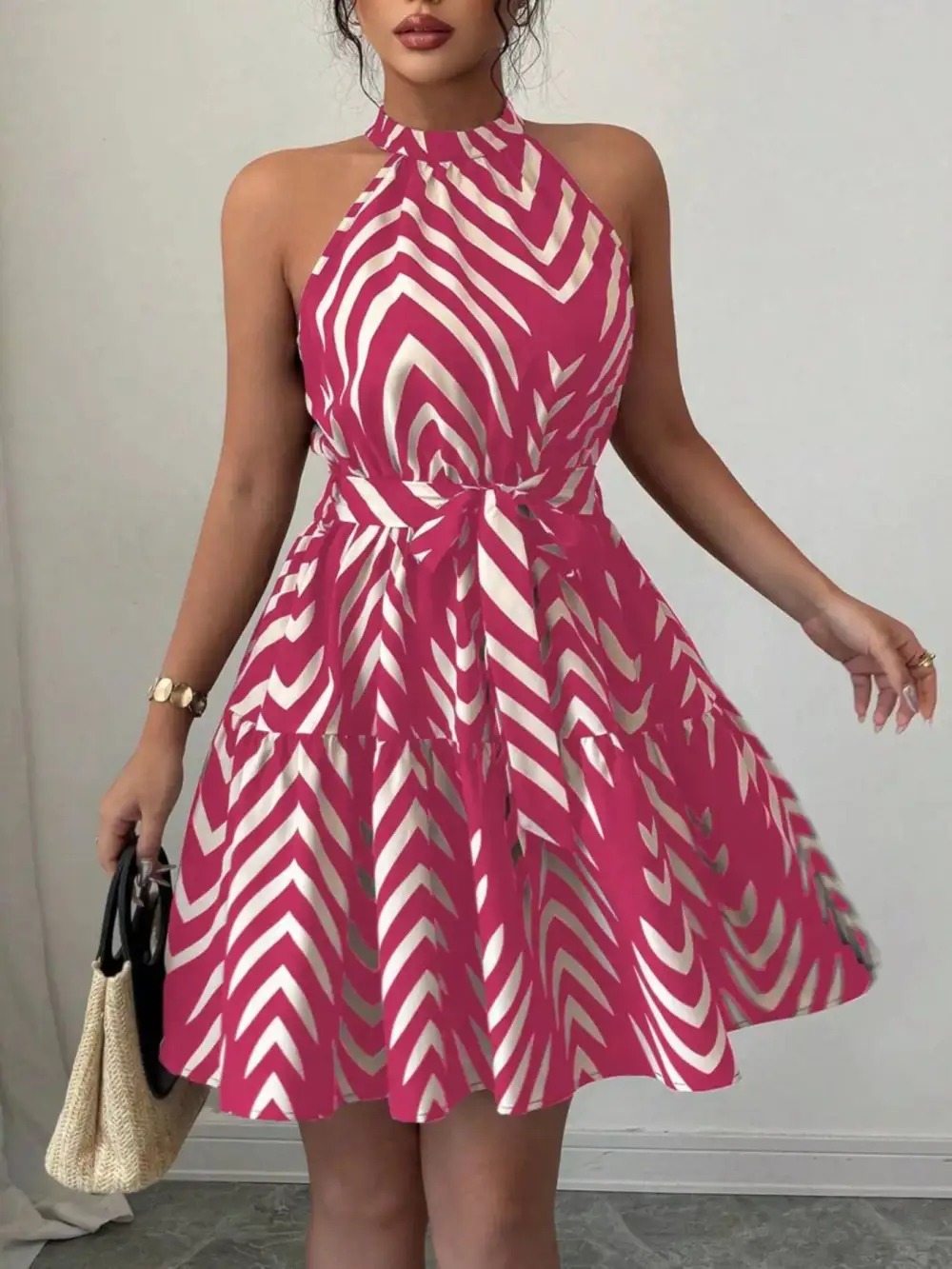 Printed Tie Waist Ruffle Dress Casual