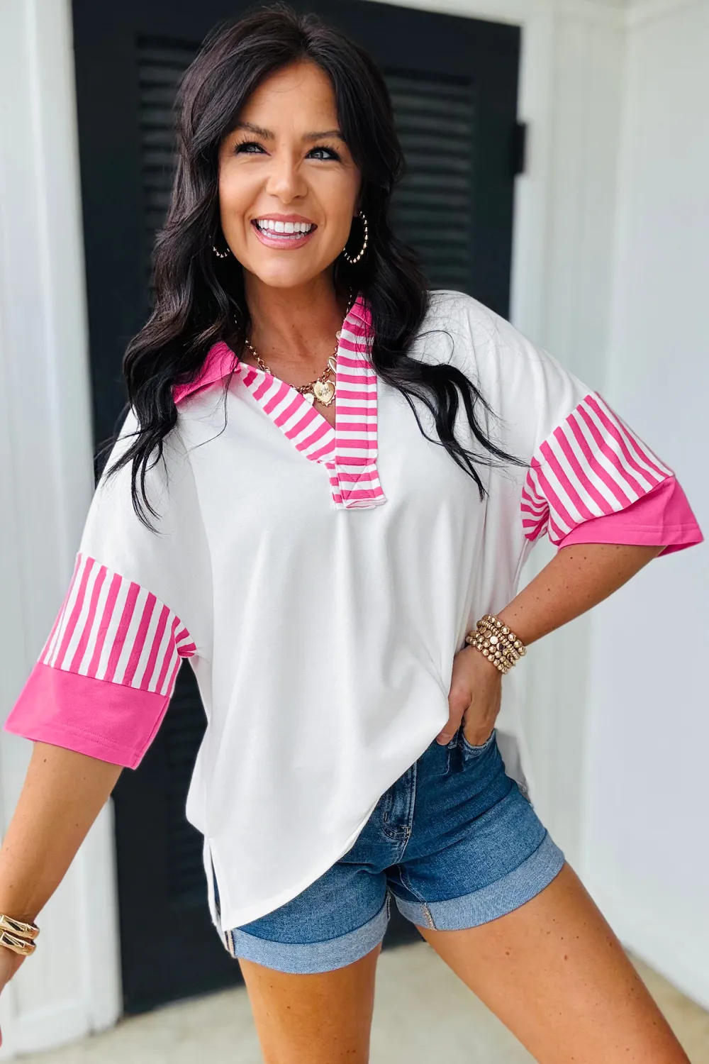 White Striped Block Patchwork Polo Tee