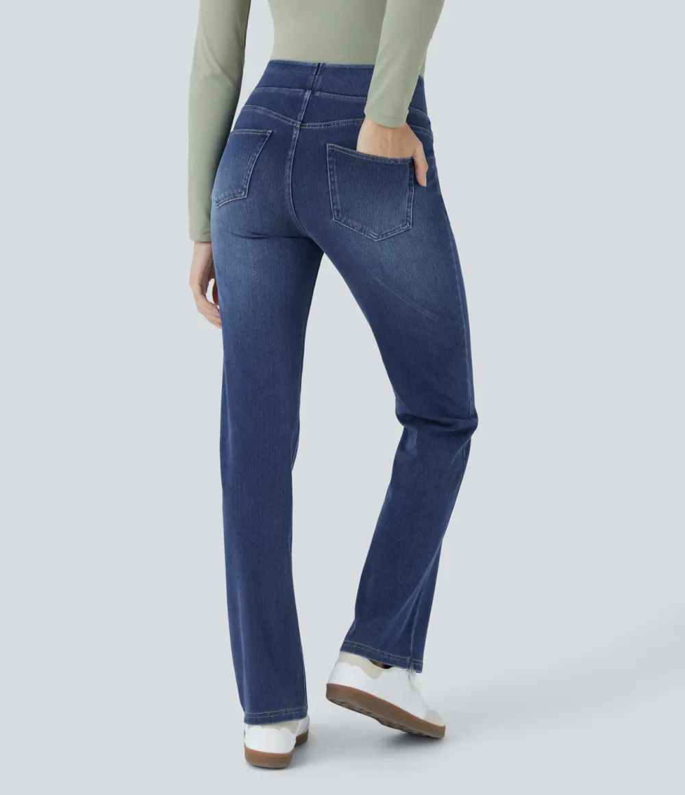 Magic High Waisted Multiple Pockets Washed Stretchy Knit Casual Bootcut Jeans