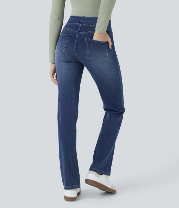 Magic High Waisted Multiple Pockets Washed Stretchy Knit Casual Bootcut Jeans