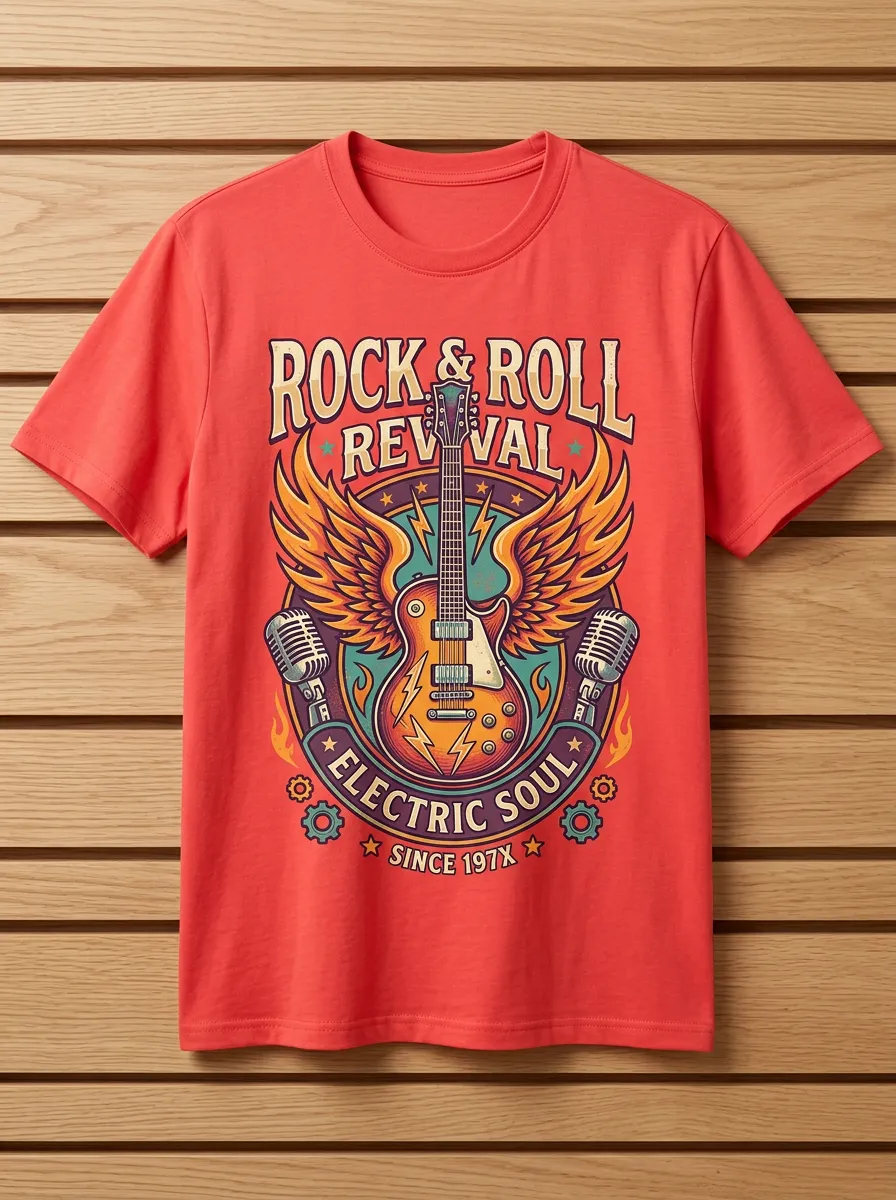 Unisex Rock Music Lover Winged Guitar Microphone Printed T-shirt