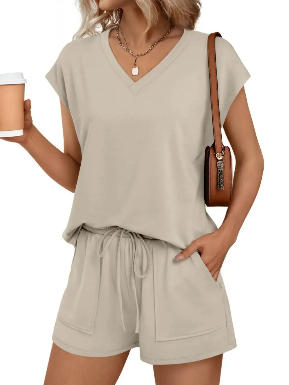 Casual V Neck T Shirt and Shorts Set