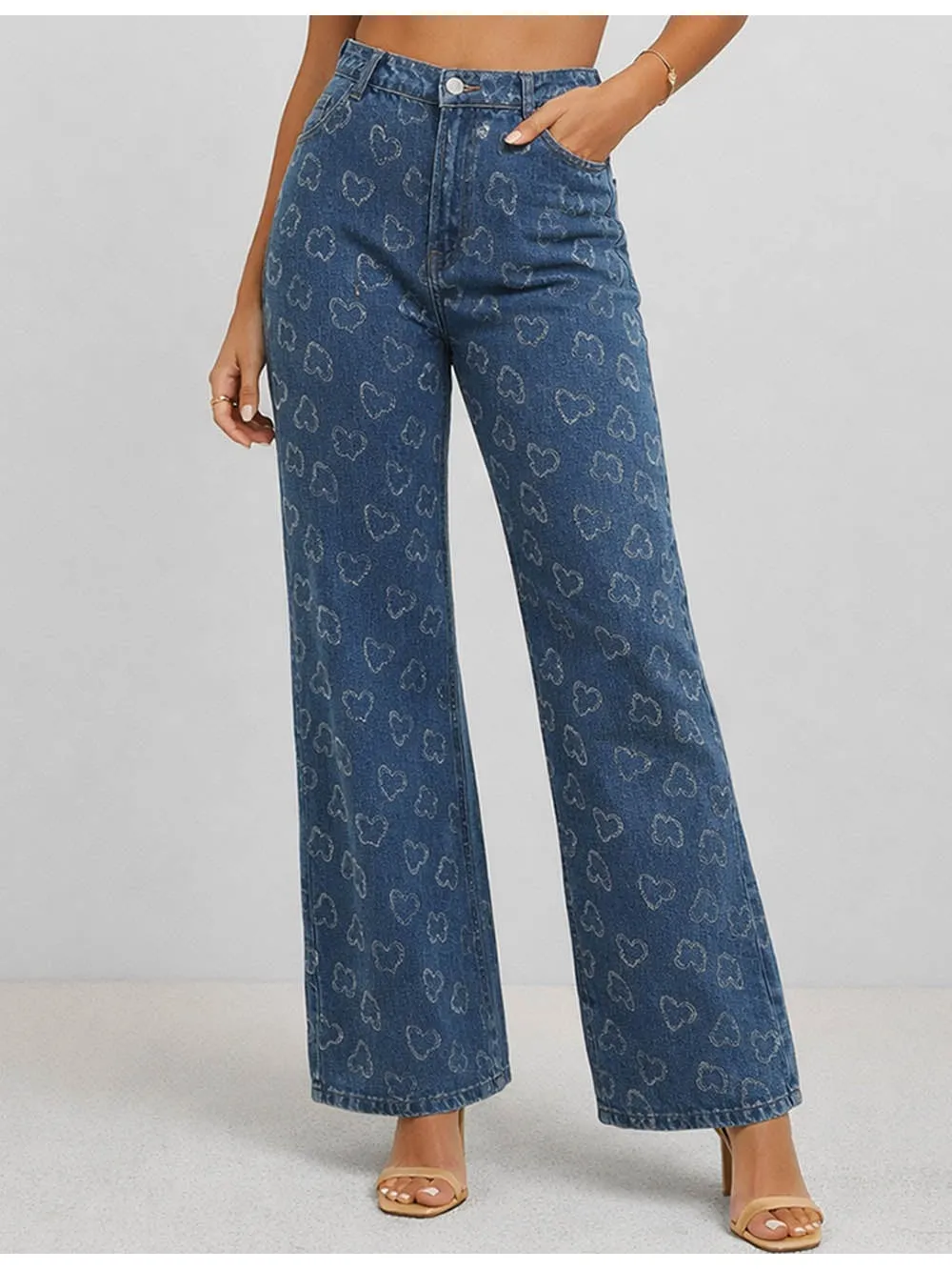 Valentine Heart Jacquard Button Wide Leg Denim Pants