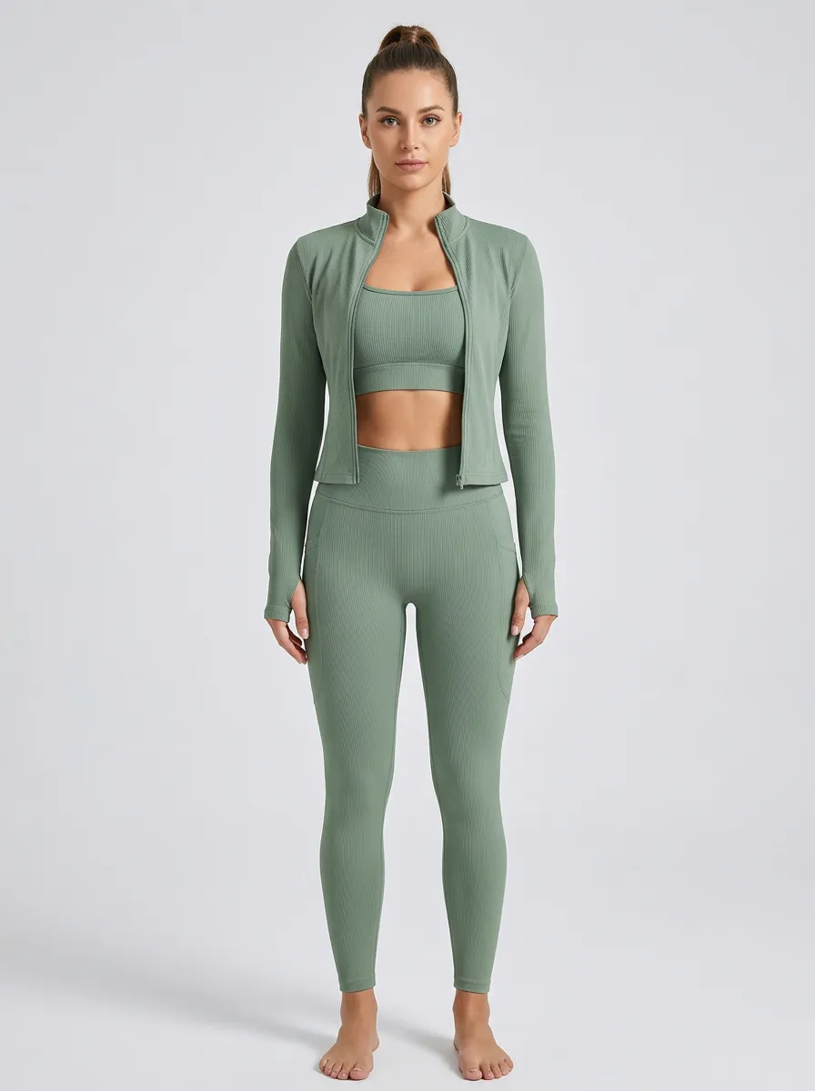 Performance-Inspired Ribbed Texture Zip Detail Essential Women's Three Piece Activewear Set