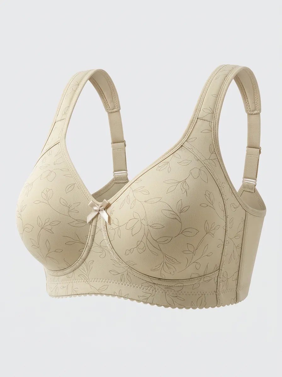 Women's Plus Size Beige Floral Outline Full-Coverage Wide-Strap Wireless Bra