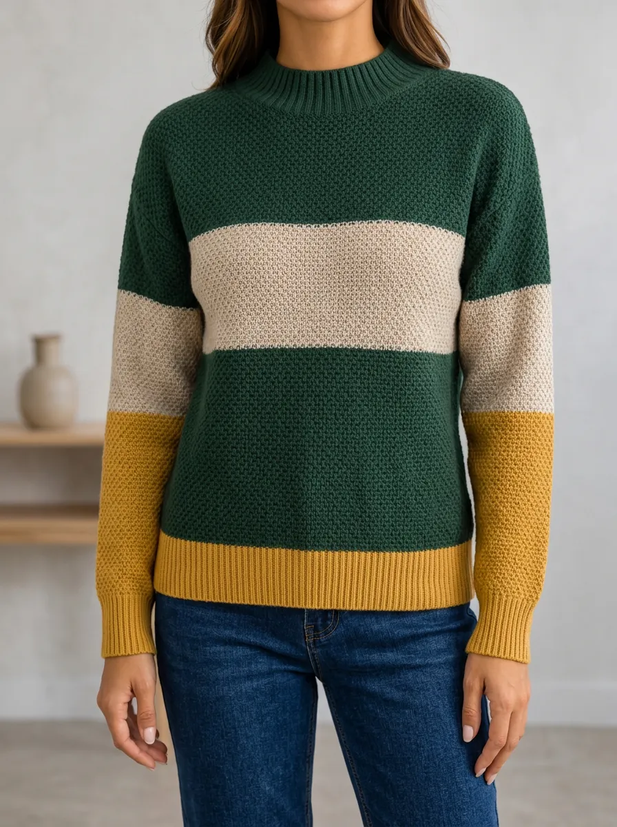 Relaxed Fit Stripe Pattern Round Neck Sweater in Textured Knit Texture