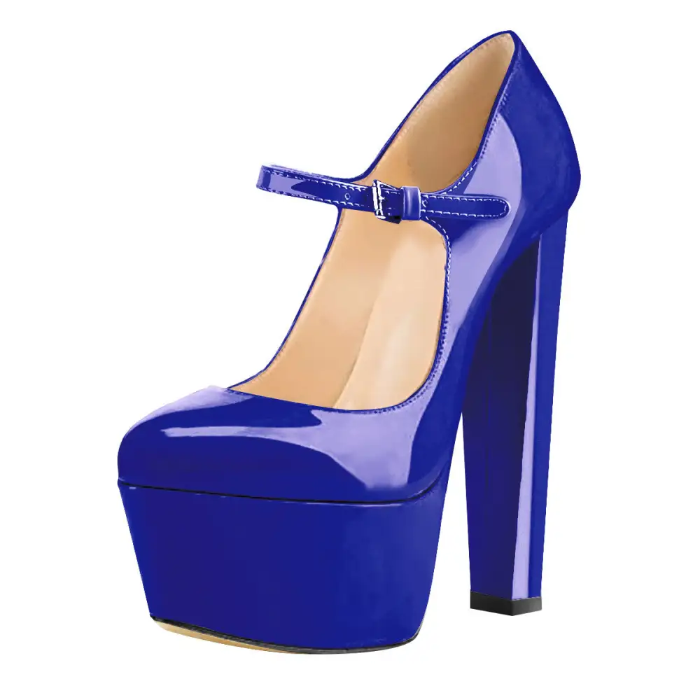 Patent Finish Round Toe Platform Chunky Heel Ankle Strap Pumps