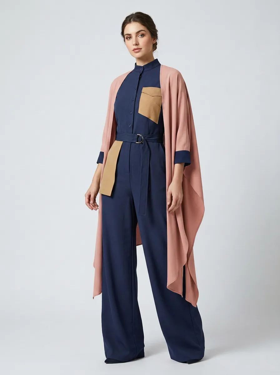 Women's Casual Chic Navy Olive Contrast Color Blocked Belted Jumpsuit