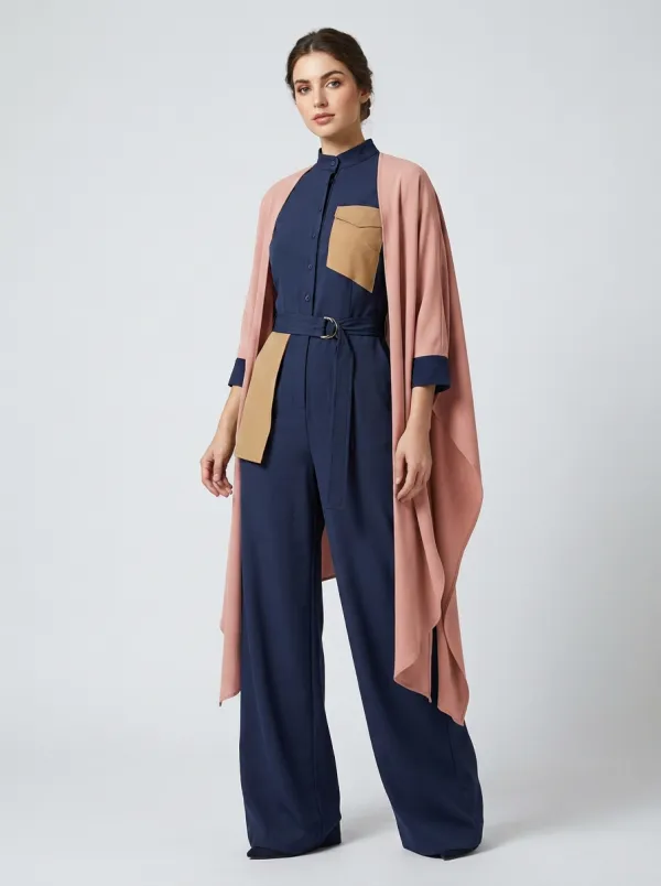 Women's Casual Chic Navy Olive Contrast Color Blocked Belted Jumpsuit