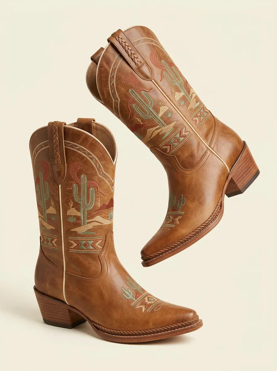 Ranch Cactus Desert Embroidered Style Unisex Western Cowboy Boots