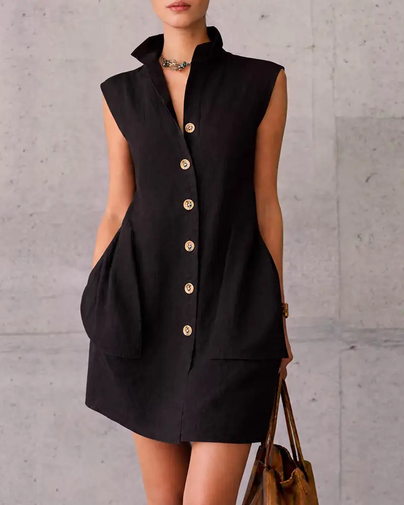 Sleeveless Stand Collar Button-Down Shirt Dress With Pockets