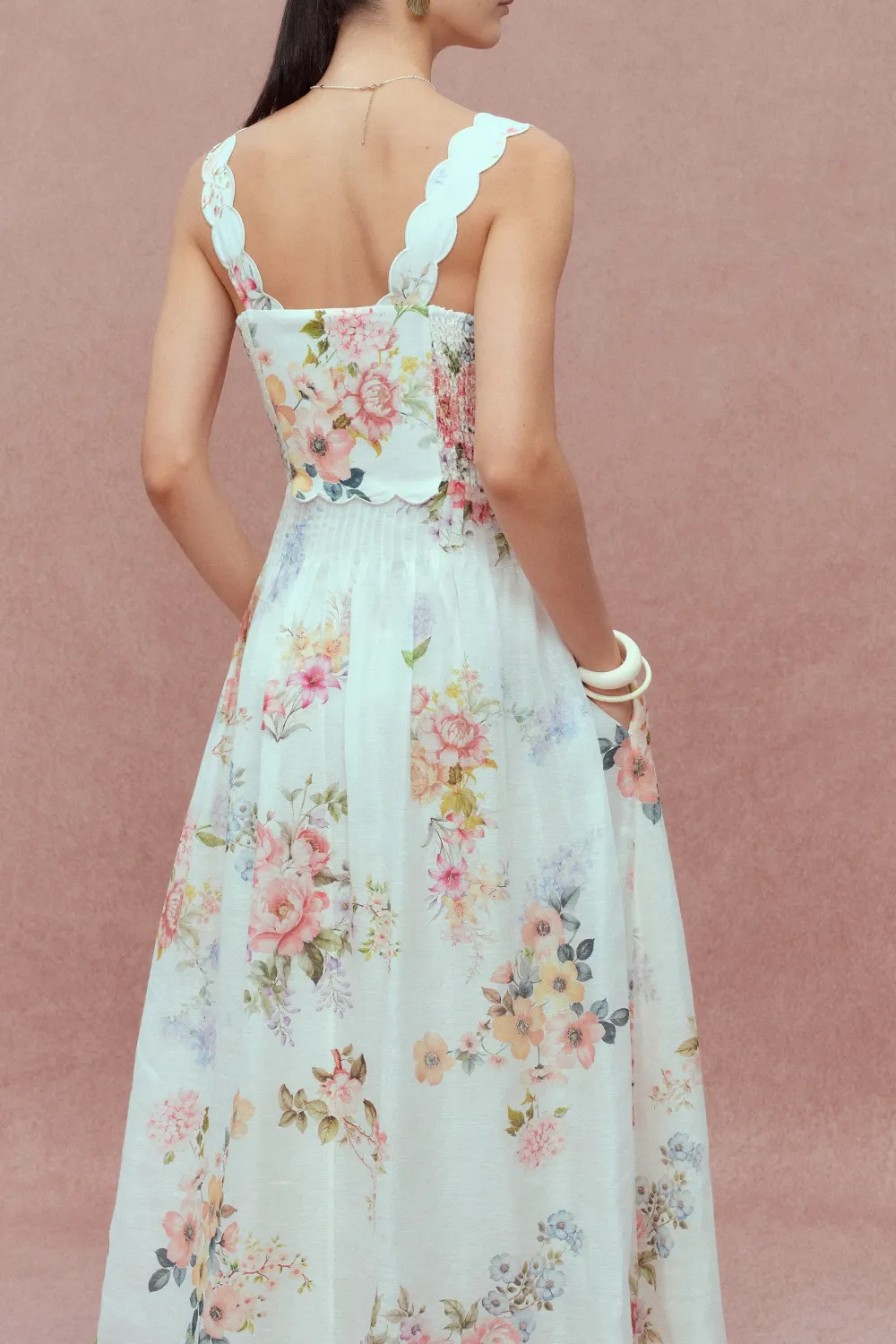 Strap Embroidered Floral Silk Linen Maxi Dress