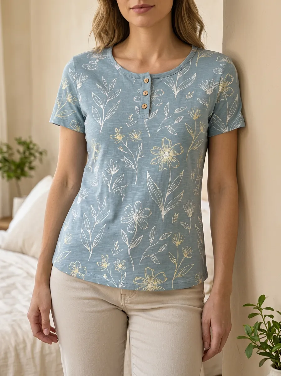Women's Floral Botanical Blue Printed Henley T-shirt