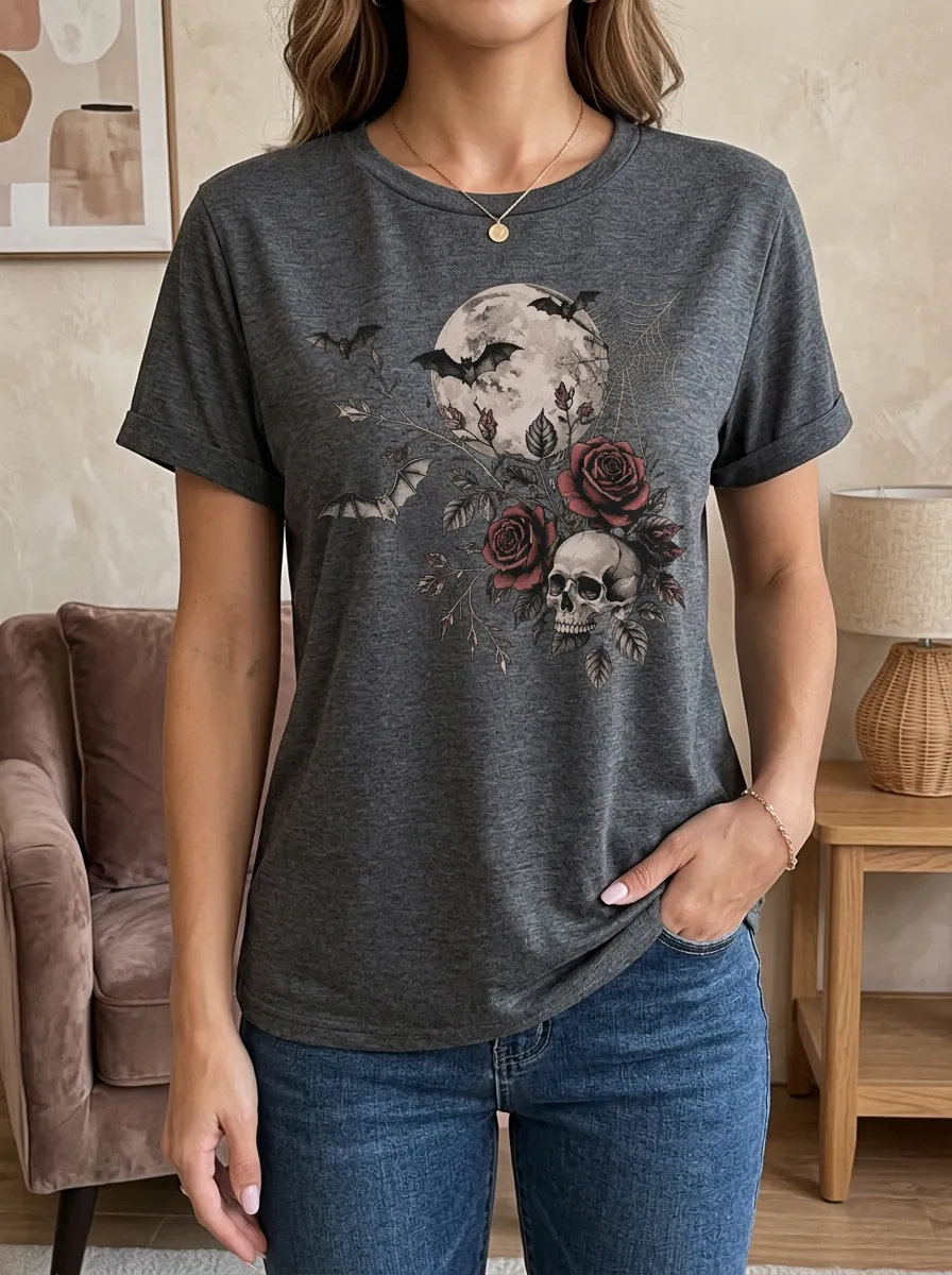 Women's Halloween Gothic Skull Rose Moon Bat Short Sleeve Graphic T-Shirt