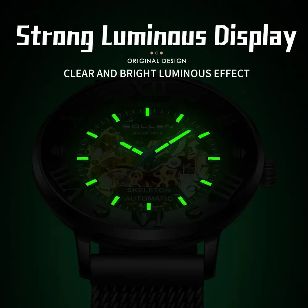 Sollen SL307 Men's Full Skeleton Automatic Mechanical Watch - 42mm Stainless Steel Case Slim 9.9mm Roman Numeral Bezel Mesh Bracelet Wristwatch
