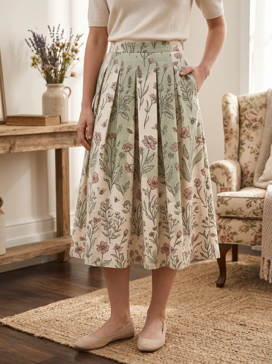 Women's Botanical Garden Floral Bee Printed Midi Skirt