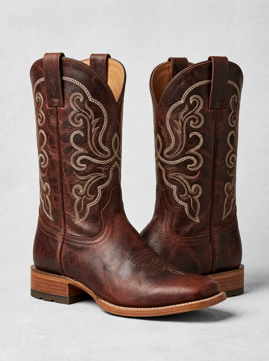 Heritage Embroidered Leather-Look Style Unisex Western Cowboy Boots