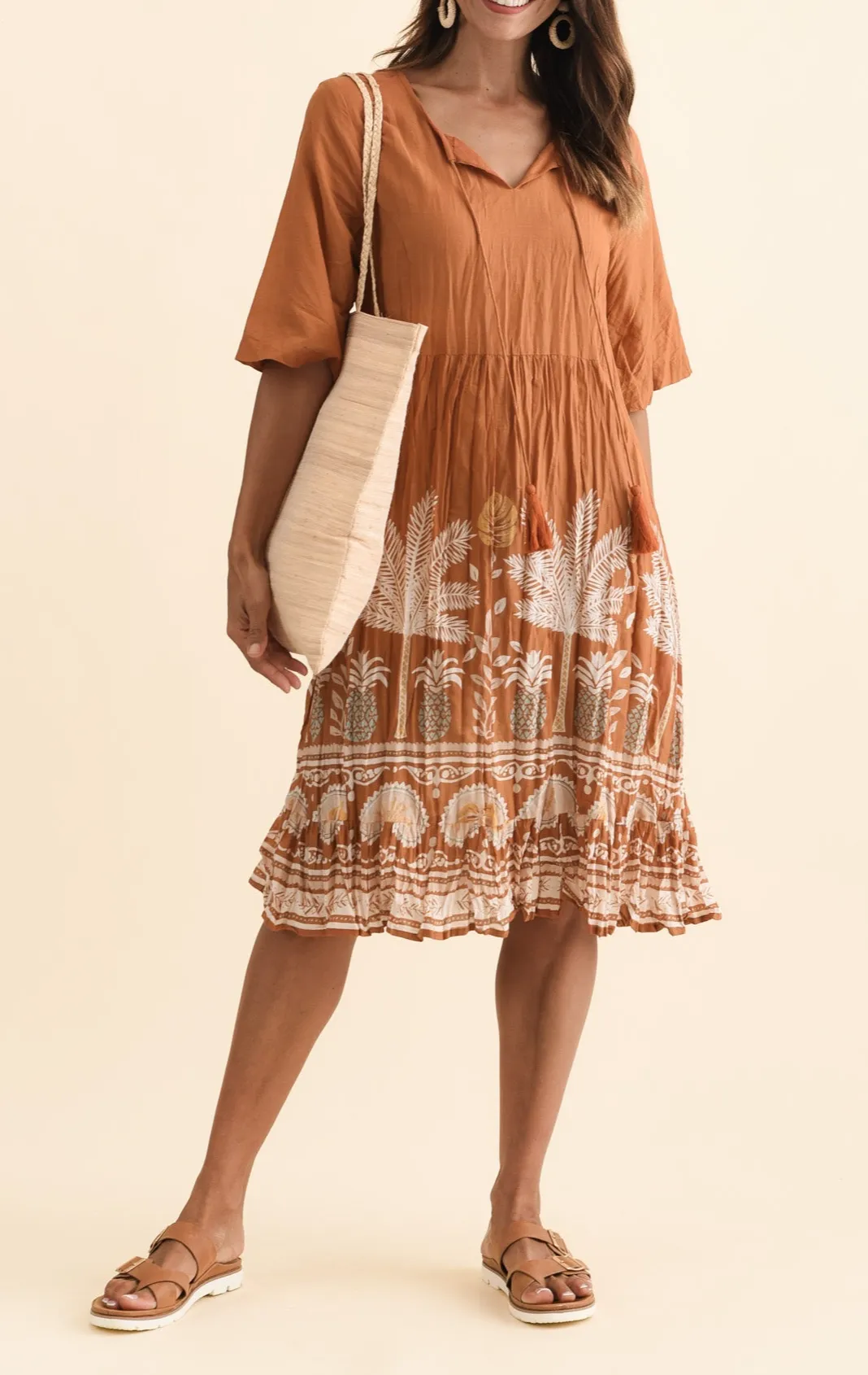 Knee-Length Floral Cotton Pocket Ruffle V-Neck Half-Sleeve Dress
