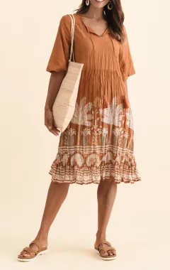Knee-Length Floral Cotton Pocket Ruffle V-Neck Half-Sleeve Dress