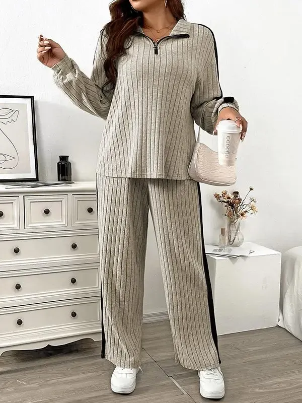 Plus Size Contrast Color Ribbed Knit Two Piece Set