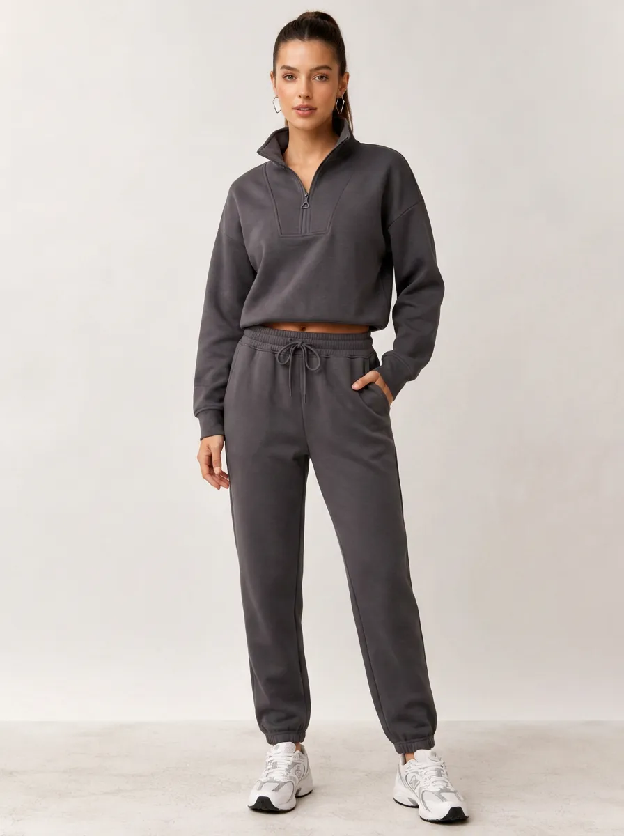 Women's Casual Sporty Charcoal Quarter-Zip Crop Sweatshirt Jogger Set
