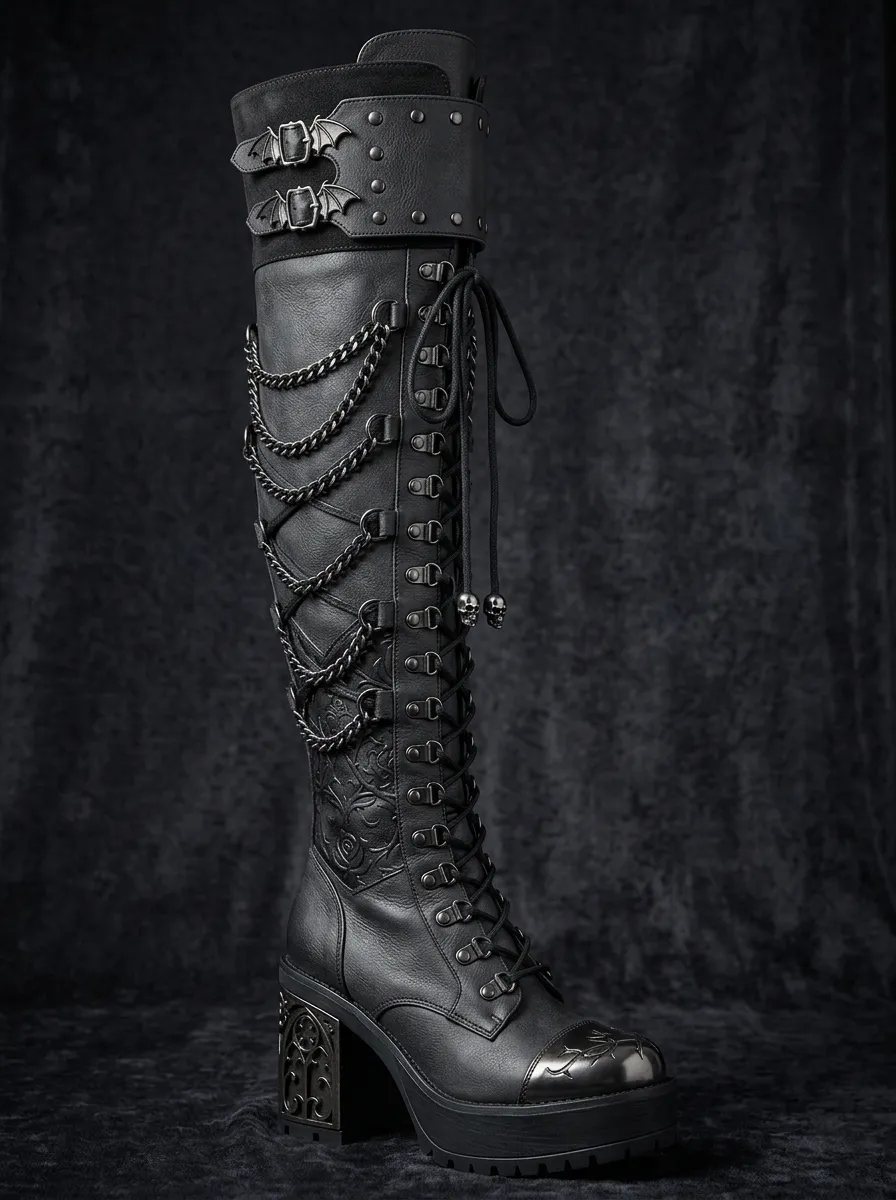 Ritual-Inspired Skull Bat Lace Punk Look Women's Gothic Platform Boots