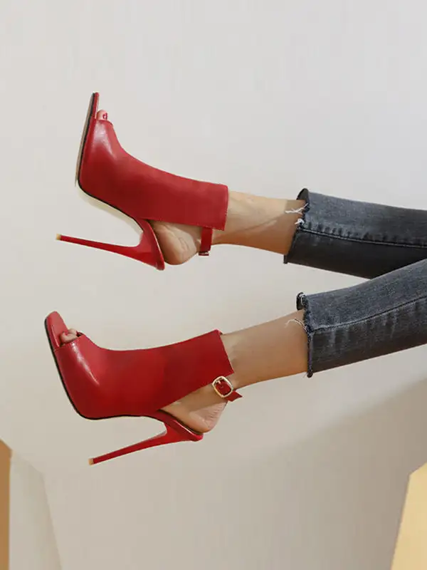 Buckle Peep-Toe Panel Detail Microfiber Heeled Sandals