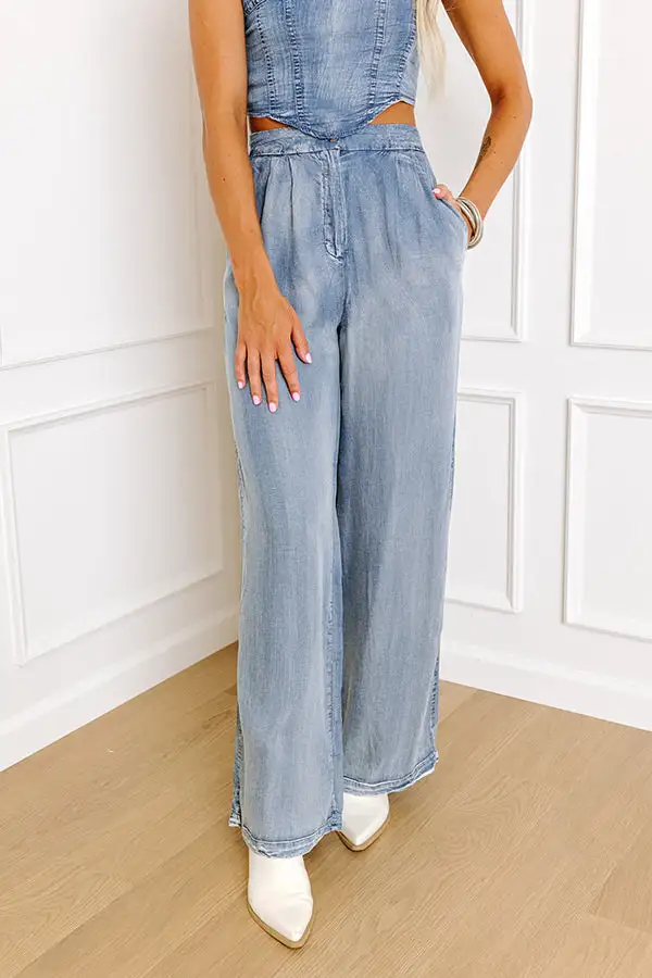 High Waist Relaxed Chambray Pleated Faded Pants